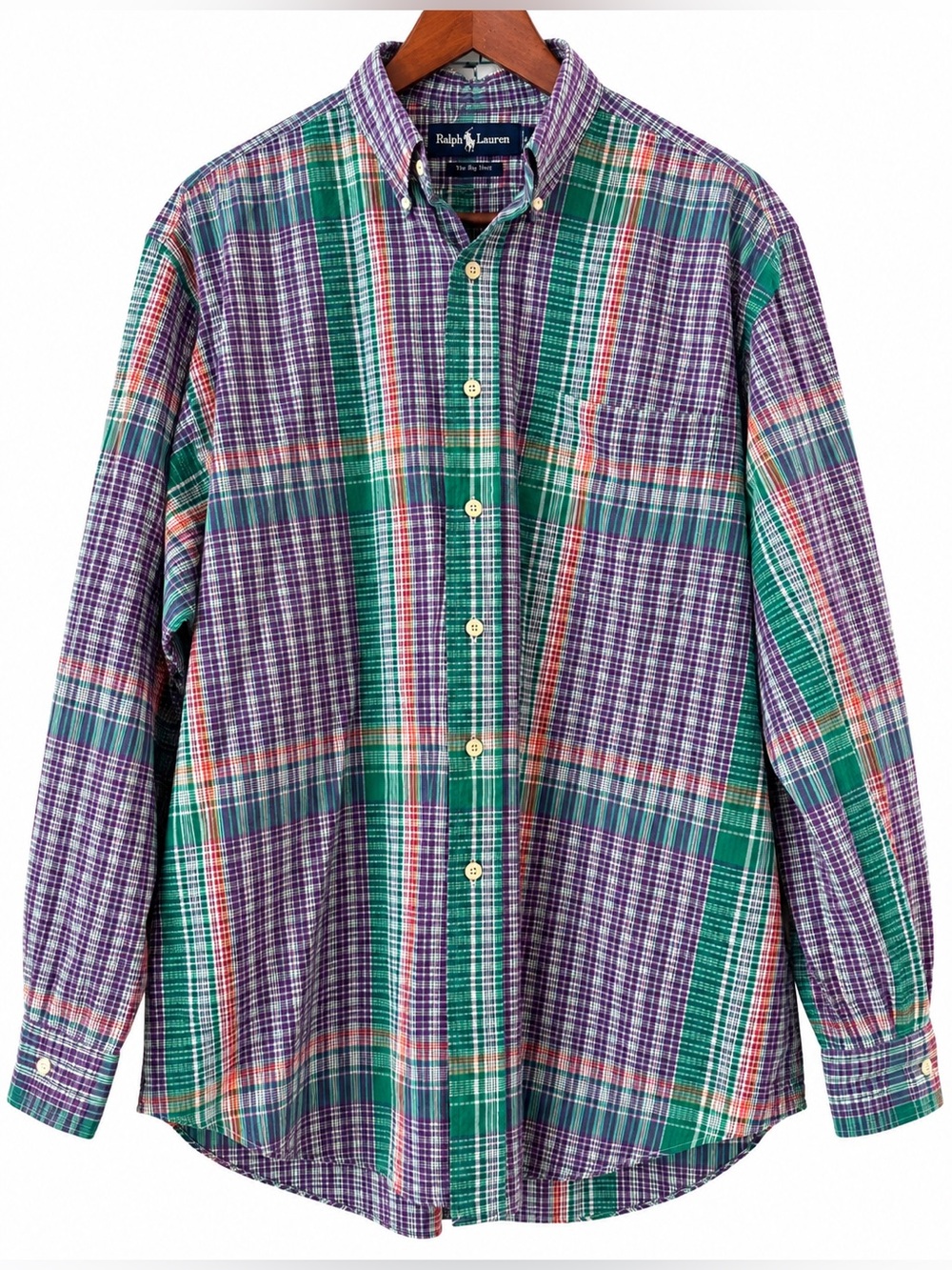 Ralph Lauren Plaid Seersucker Button Down Big Shirt Green Purple Multi - Size L
